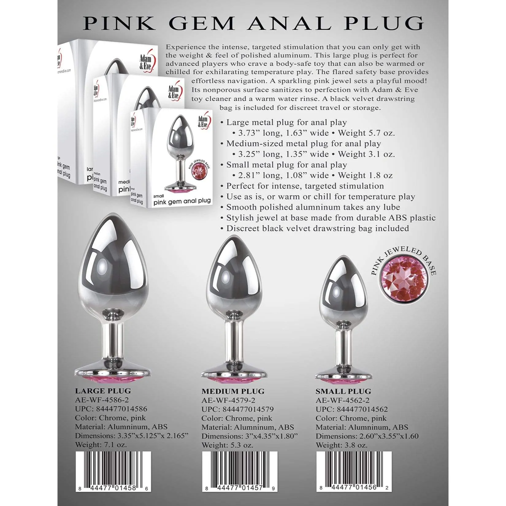 Adam & Eve - Pink Gem Aluminium Anal Plug Medium (Silver)