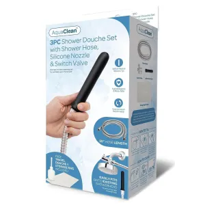 AquaClean 3 Piece Shower Douche Set with Shower Hose. Silicone Nozzle & Switch Valve