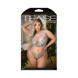 Tease Reese Butterfly Embroidered Mesh Bustier Top With Ribbon Lace-up Detail & Matching Panty With